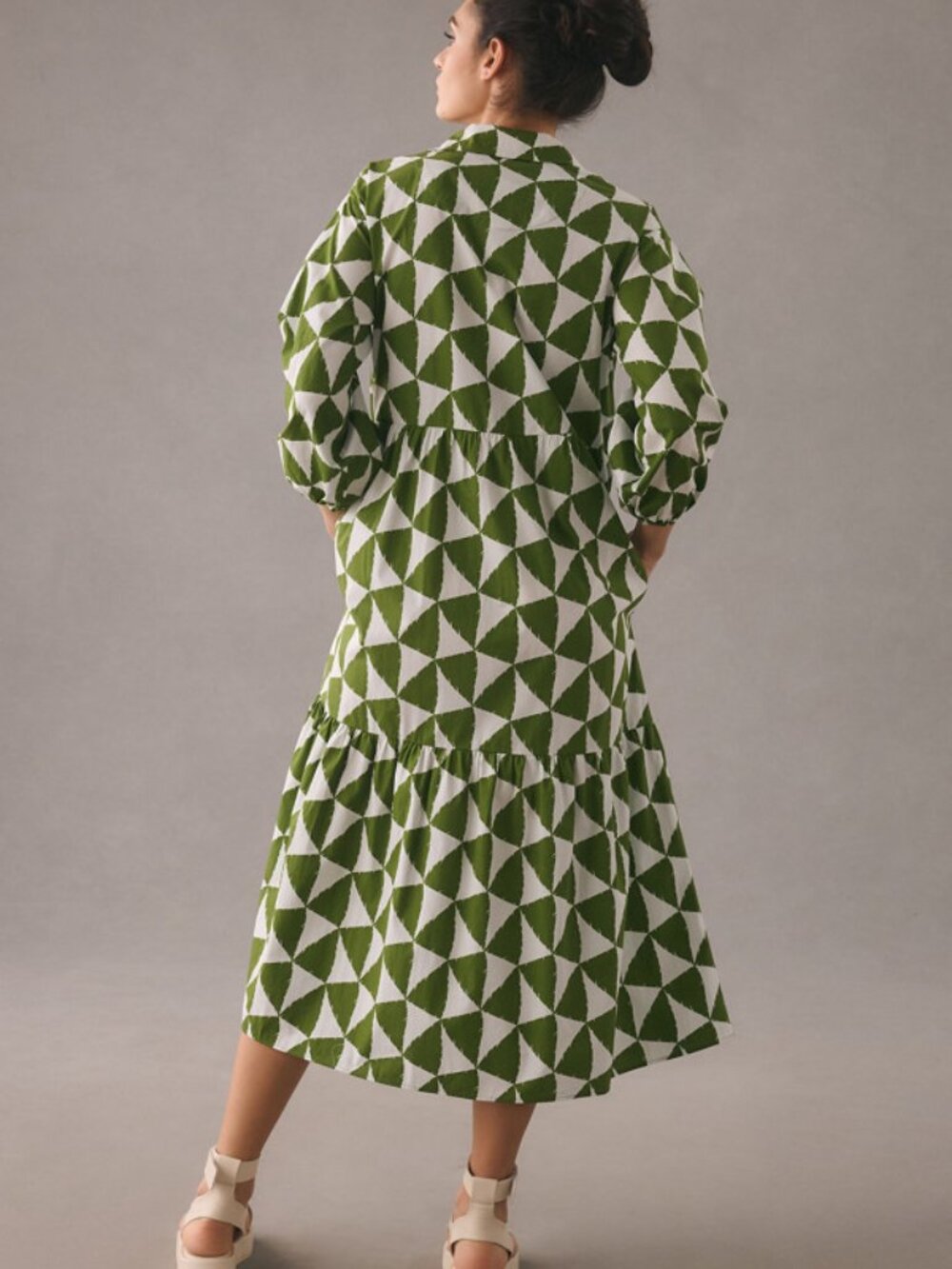 Anthropologie MAEVE The Bettina Tiered 100% Cotton Shirt Dress Green Print - Picture 2 of 7
